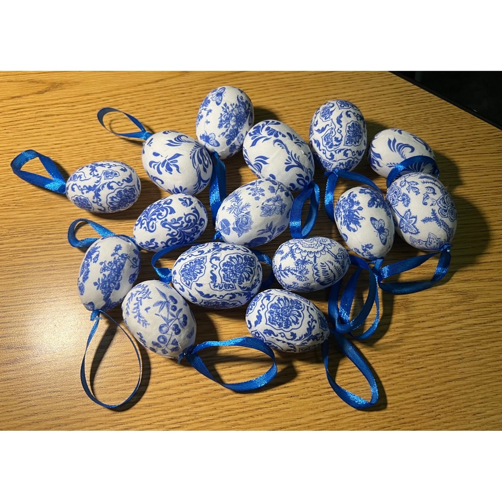 15pc Blue White Chinoiserie Fabric Easter Egg Ornaments Floral Tree Decor - Picture 6 of 9